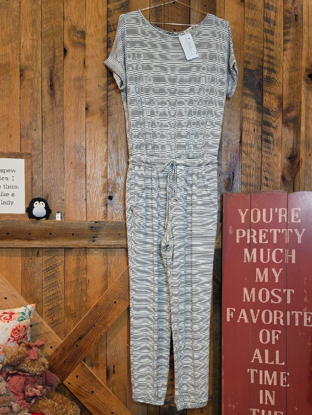 052p Striped Black & White Drawstring Short-Sleeve Jumpsuit